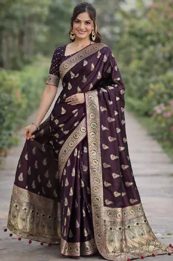 Wine silk blend banarasi saree with unstitched blouse piece