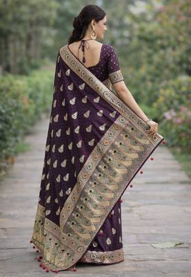 Wine silk blend banarasi saree with unstitched blouse piece 4