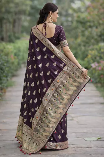 Wine silk blend banarasi saree with unstitched blouse piece