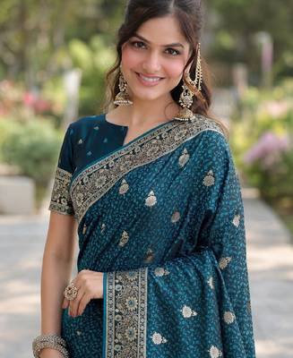 Rama silk blend banarasi saree with unstitched blouse piece 1