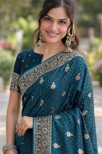 Rama soft silk banarasi jacuard work designer party wear saree with unstitched blouse piece