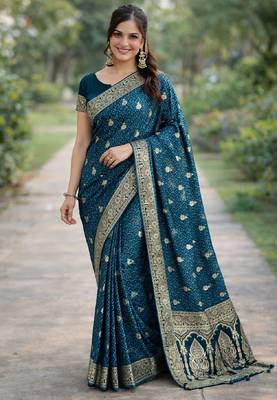 Rama silk blend banarasi saree with unstitched blouse piece 3