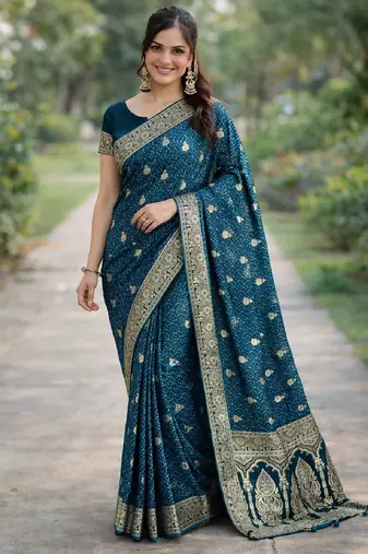 Rama silk blend banarasi saree with unstitched blouse piece