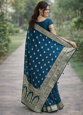 Rama silk blend banarasi saree with unstitched blouse piece 4