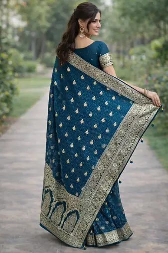 Rama silk blend banarasi saree with unstitched blouse piece
