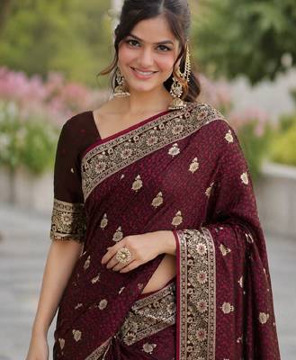 Maroon silk blend banarasi saree with unstitched blouse piece 1
