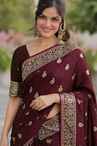 Maroon soft silk banarasi jacuard work designer party wear saree with unstitched blouse piece
