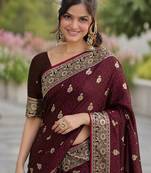 Maroon silk blend banarasi saree with unstitched blouse piece