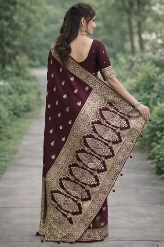 Maroon silk blend banarasi saree with unstitched blouse piece