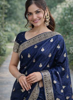 Blue silk blend banarasi saree with unstitched blouse piece 1