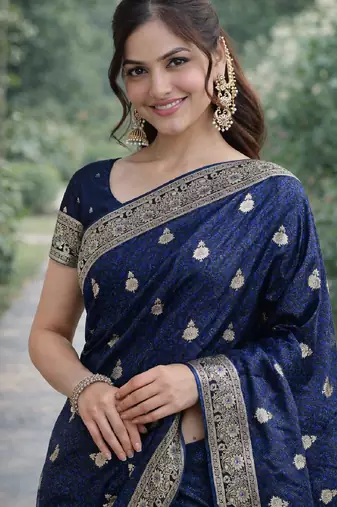 Blue soft silk banarasi jacuard work designer party wear saree with unstitched blouse piece