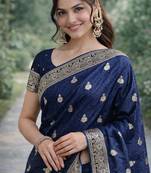 Blue silk blend banarasi saree with unstitched blouse piece
