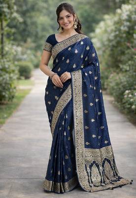 Blue silk blend banarasi saree with unstitched blouse piece 3
