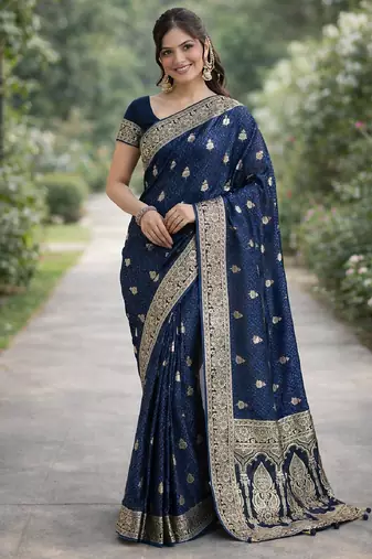Blue silk blend banarasi saree with unstitched blouse piece