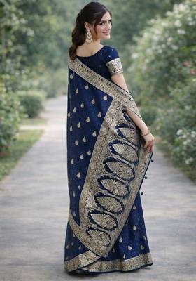 Blue silk blend banarasi saree with unstitched blouse piece 4