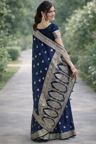 Blue silk blend banarasi saree with unstitched blouse piece