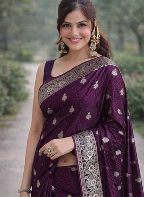 Wine silk blend banarasi saree with unstitched blouse piece 1