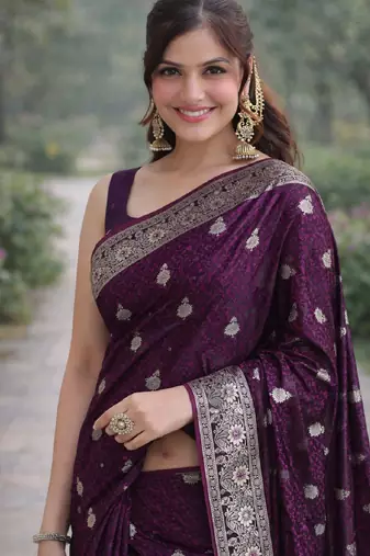 Wine soft silk banarasi jacuard work designer party wear saree with unstitched blouse piece