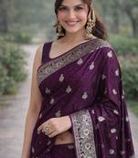 Wine silk blend banarasi saree with unstitched blouse piece