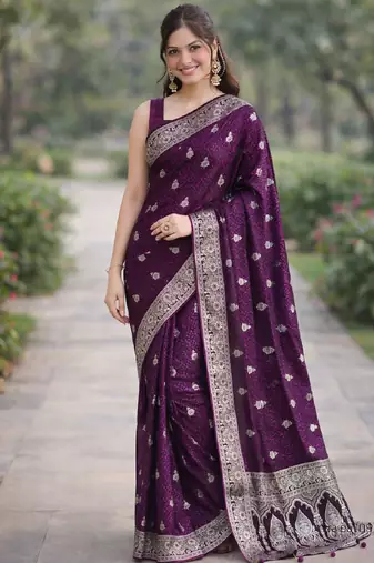 Wine silk blend banarasi saree with unstitched blouse piece