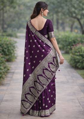 Wine silk blend banarasi saree with unstitched blouse piece 4