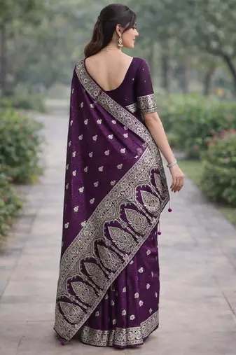 Wine silk blend banarasi saree with unstitched blouse piece