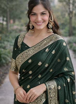 Green silk blend banarasi saree with unstitched blouse piece 1