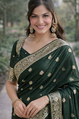 Green soft silk blend banarasi jacuard work designer party wear saree with unstitched blouse piece