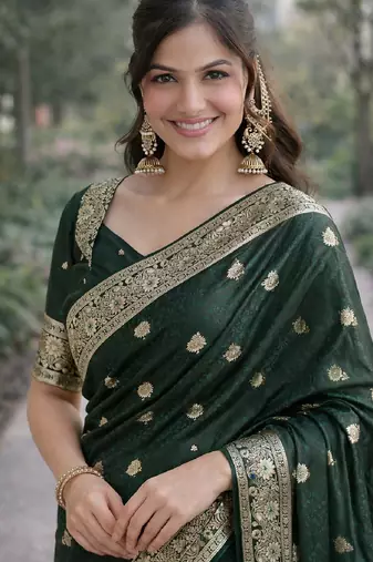 Green soft silk banarasi jacuard work designer party wear saree with unstitched blouse piece