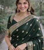 Green silk blend banarasi saree with unstitched blouse piece