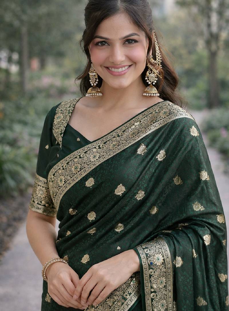Green soft silk banarasi jacuard work designer party wear saree with unstitched blouse piece