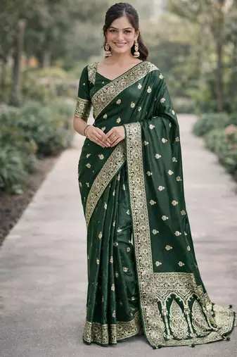 Green silk blend banarasi saree with unstitched blouse piece