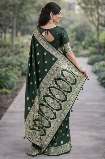 Green silk blend banarasi saree with unstitched blouse piece