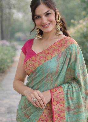 Rama silk blend banarasi saree with unstitched blouse piece 1