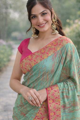 Rama soft silk blend banarasi jacuard work designer party wear saree with unstitched blouse piece