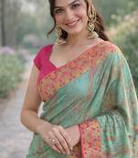 Rama silk blend banarasi saree with unstitched blouse piece