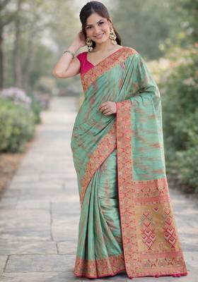 Rama silk blend banarasi saree with unstitched blouse piece 3