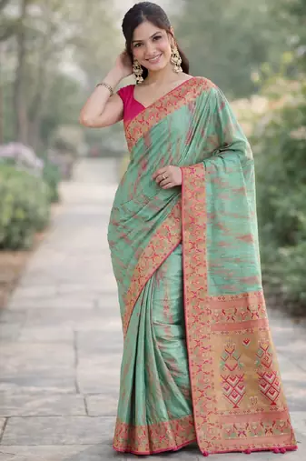 Rama silk blend banarasi saree with unstitched blouse piece