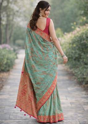 Rama silk blend banarasi saree with unstitched blouse piece 4