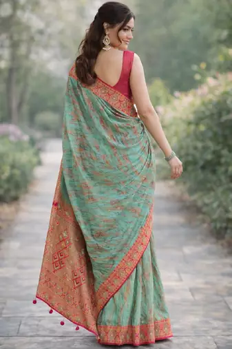 Rama silk blend banarasi saree with unstitched blouse piece