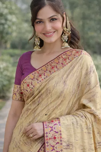 Cream soft silk banarasi jacuard work designer party wear saree with unstitched blouse piece