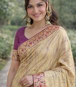 Cream silk blend banarasi saree with unstitched blouse piece