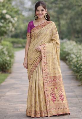 Cream silk blend banarasi saree with unstitched blouse piece 3