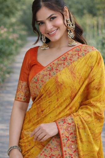 Yellow soft silk blend banarasi jacuard work designer party wear saree with unstitched blouse piece