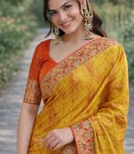 Yellow silk blend banarasi saree with unstitched blouse piece