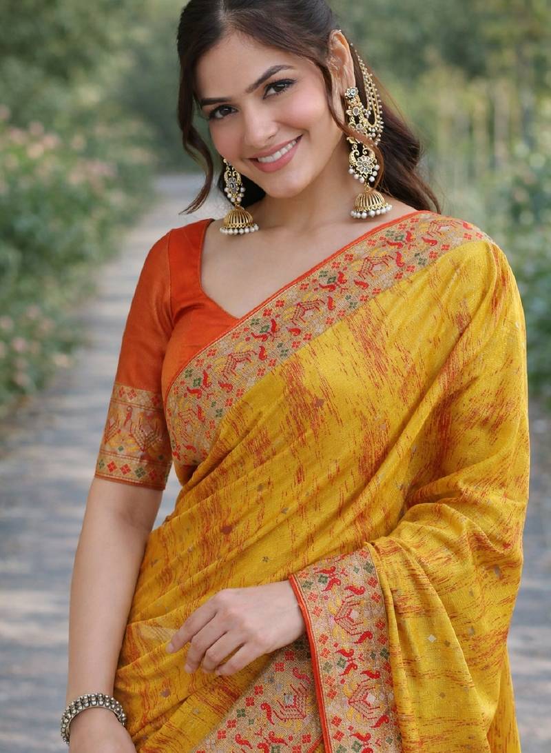 Yellow soft silk banarasi jacuard work designer party wear saree with unstitched blouse piece