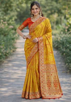 Yellow silk blend banarasi saree with unstitched blouse piece 3