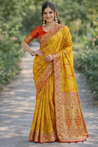 Yellow silk blend banarasi saree with unstitched blouse piece