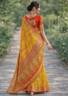 Yellow silk blend banarasi saree with unstitched blouse piece 4
