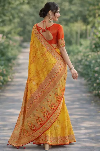 Yellow silk blend banarasi saree with unstitched blouse piece